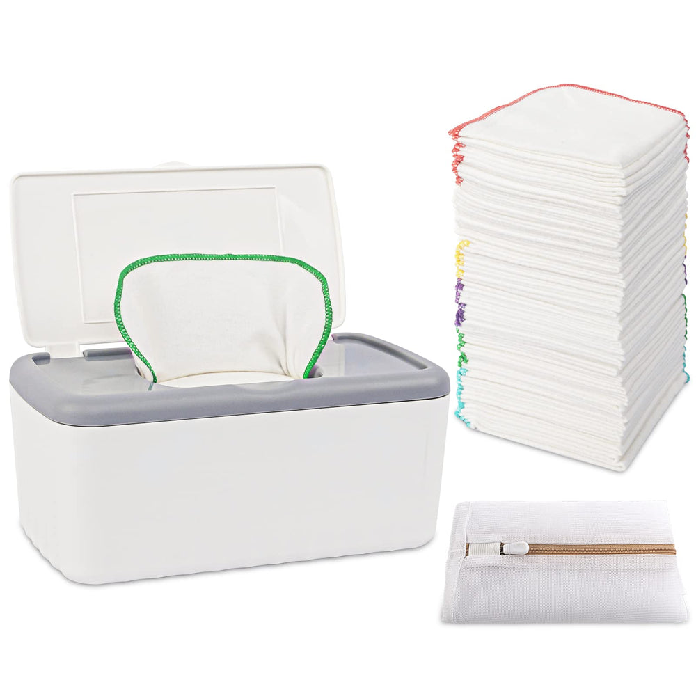 FAMOPLAY 54-pack flannel wipes in dispenser for easy access.