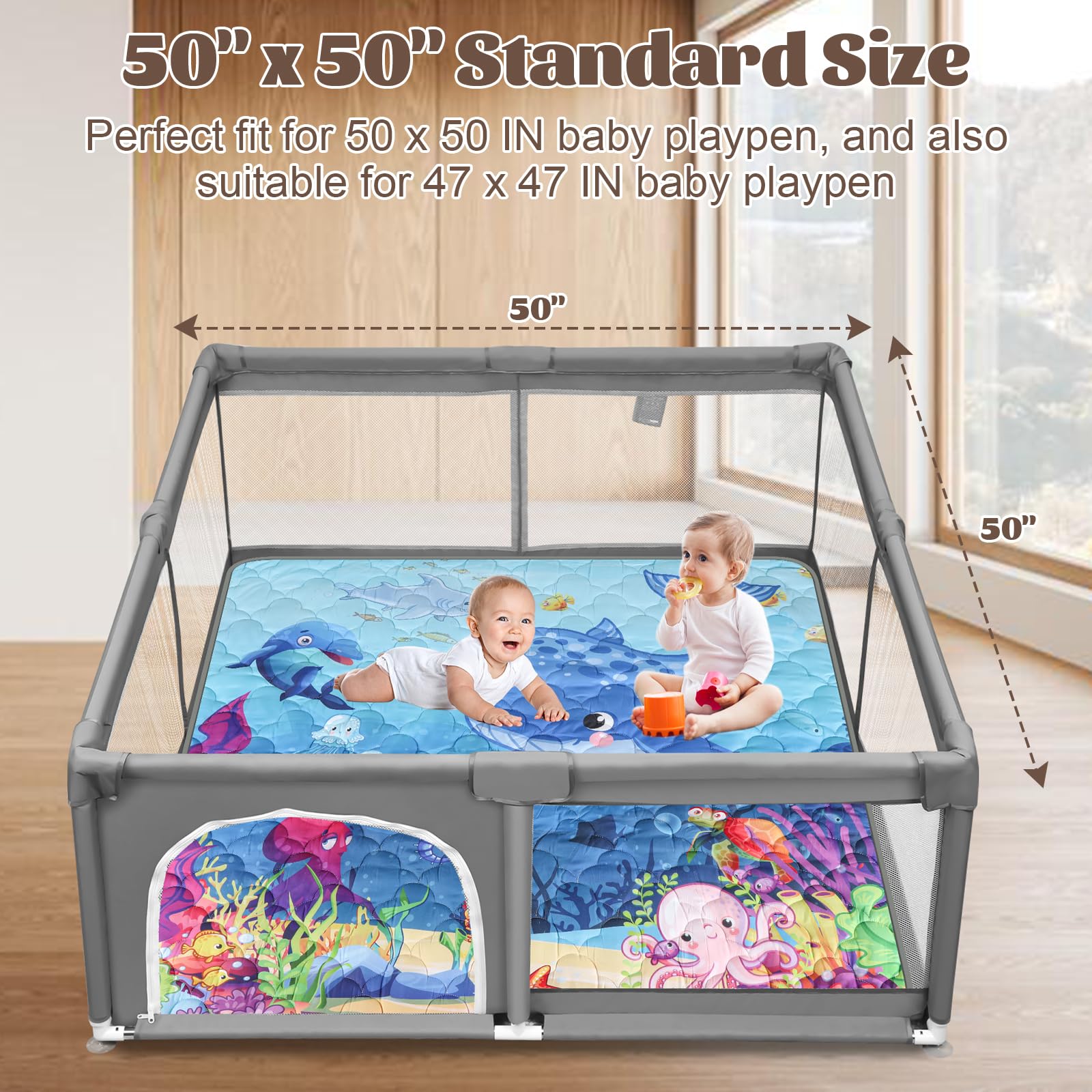 FAMOPLAY Ocean baby mat flat on floor, ideal for safe play sessions.