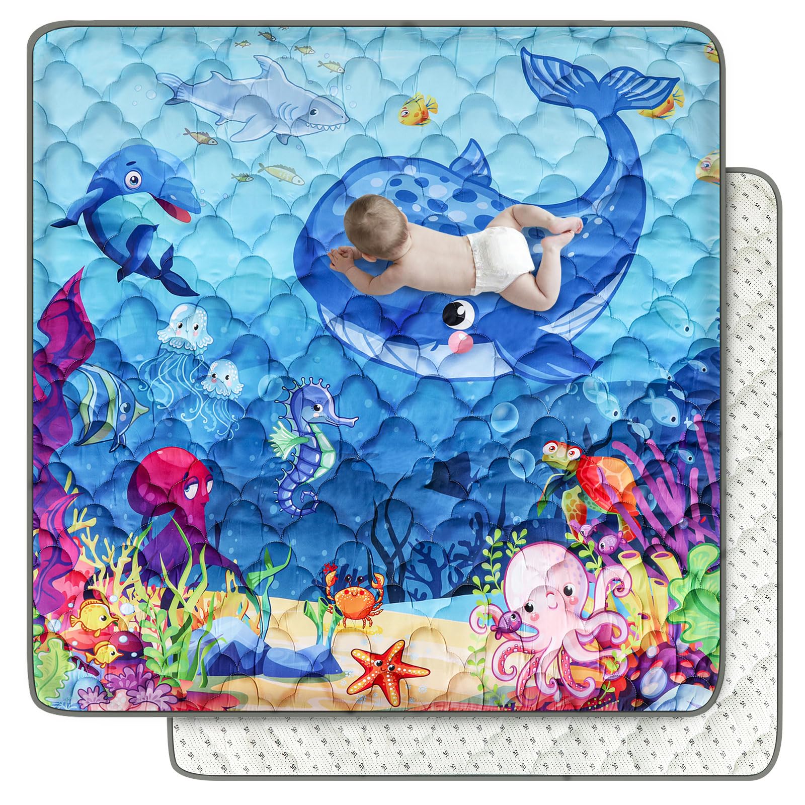 FAMOPLAY Ocean baby mat folded for easy travel and storage.