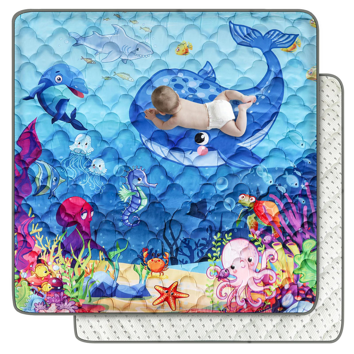 FAMOPLAY Ocean baby mat folded for easy travel and storage.