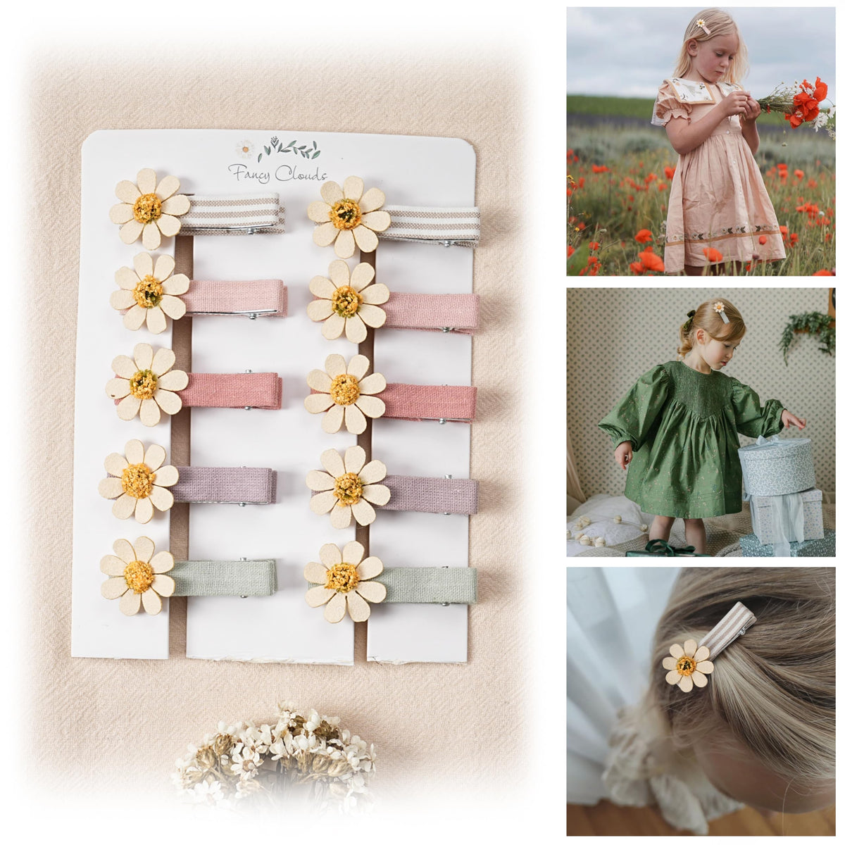 Fancy Clouds daisy hair clip in pink with secure hold for kids and teens.