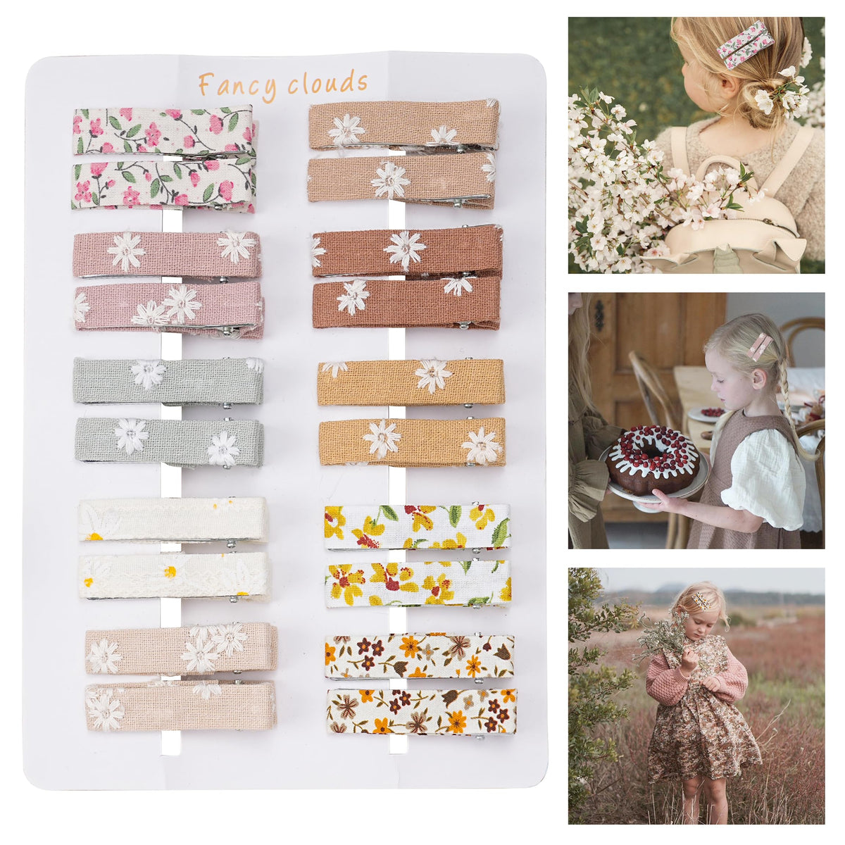 Fancy Clouds rose-pattern fabric alligator clip provides secure hold for fine hair.
