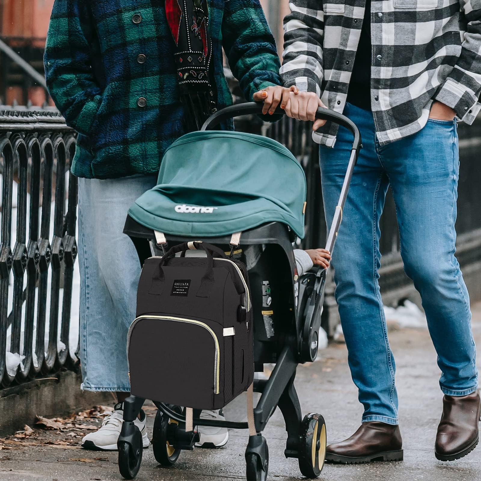 Fandiar diaper bag with play arch and stroller hooks for convenient setup