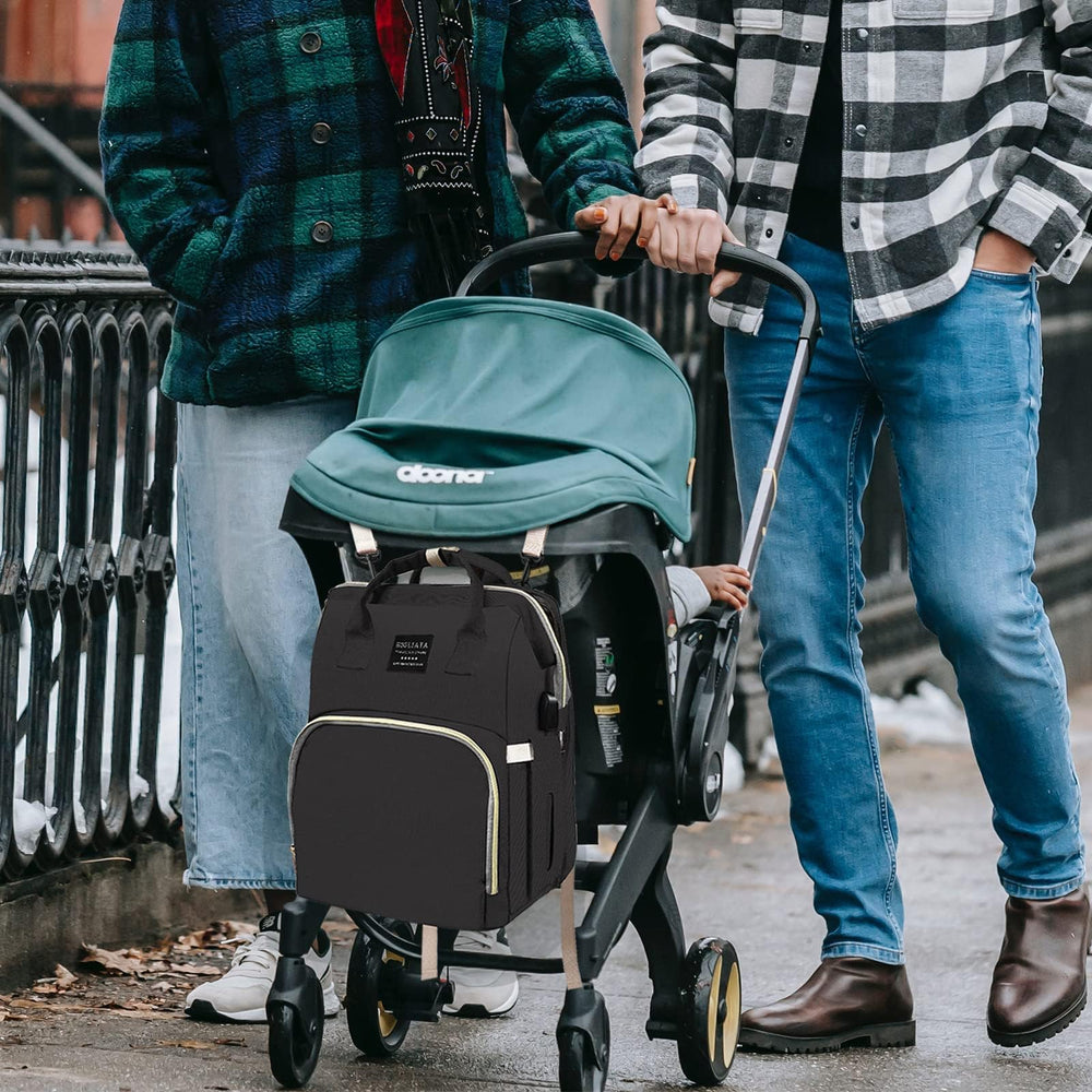 Fandiar diaper bag with play arch and stroller hooks for convenient setup