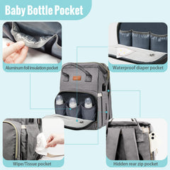 Fandiar large-capacity gray diaper bag with multiple pockets for quick access.