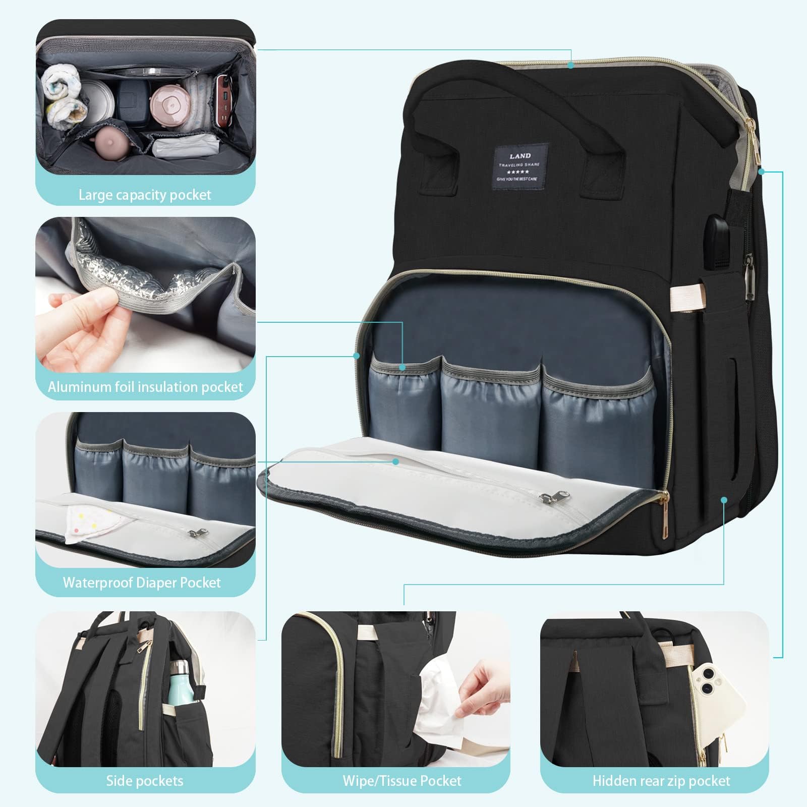 Fandiar diaper bag with USB charging port powers devices on the go