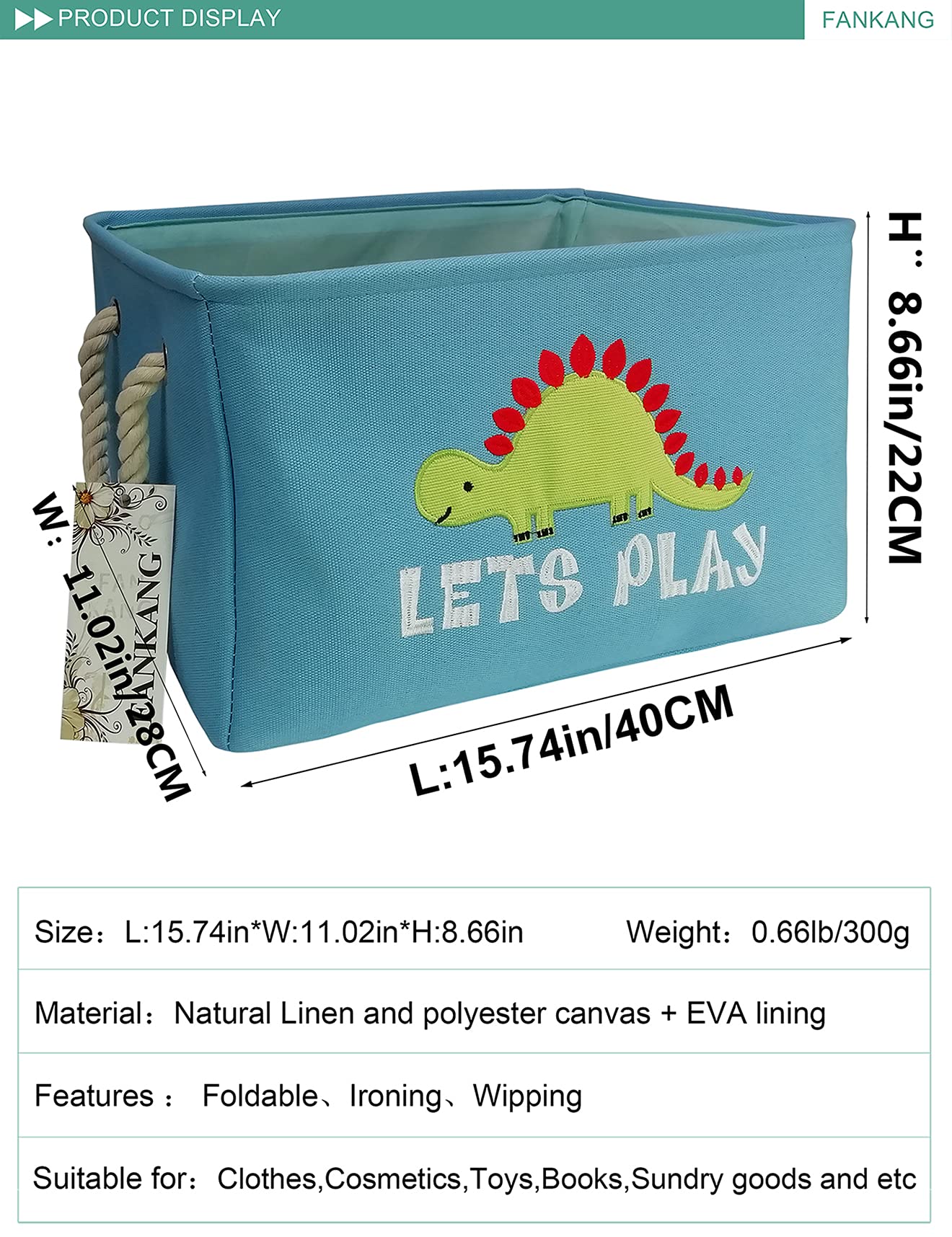 FANKANG dinosaur rectangular laundry basket side handles enable easy carry.