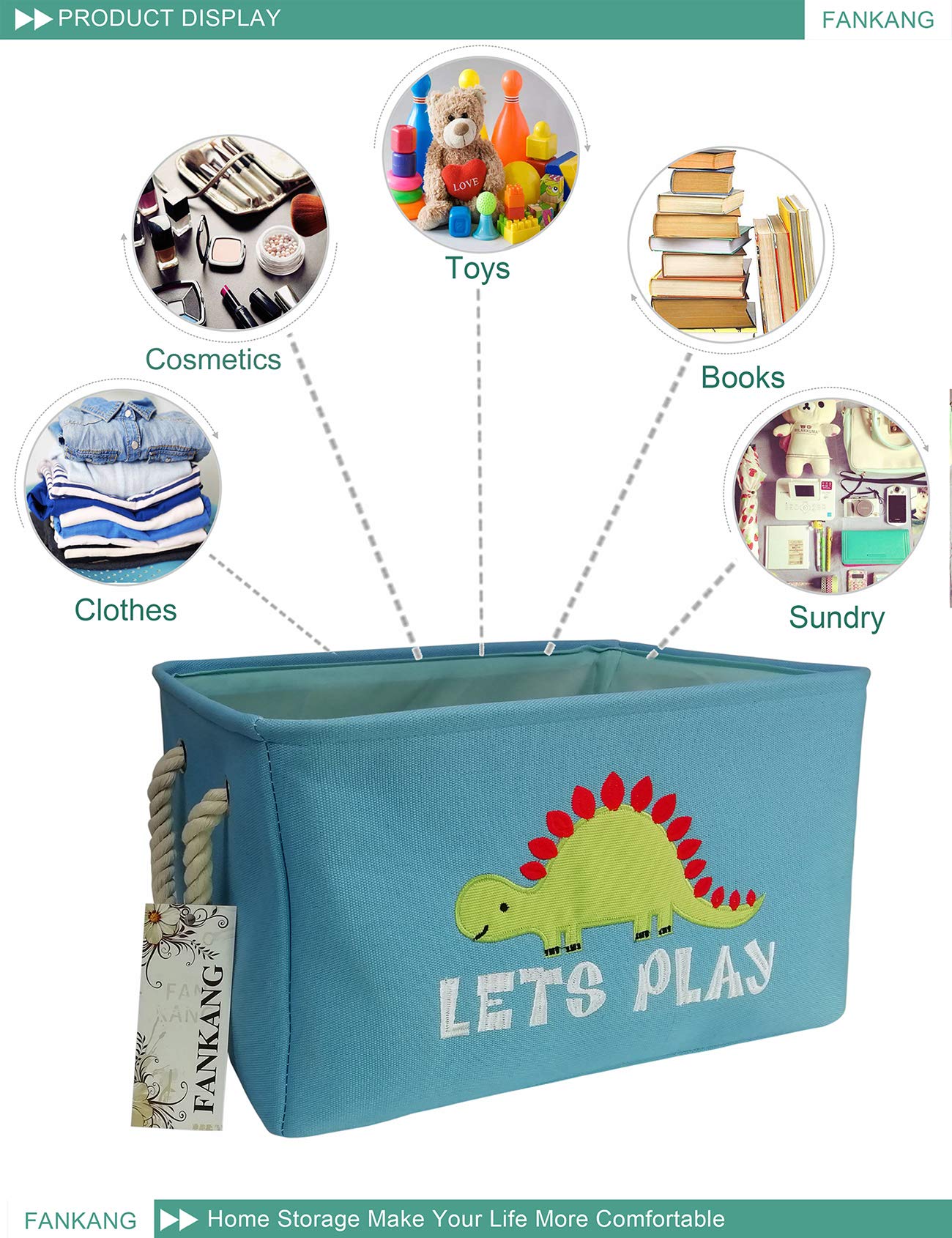 FANKANG dinosaur rectangular laundry basket ideal for toy storage and playrooms.