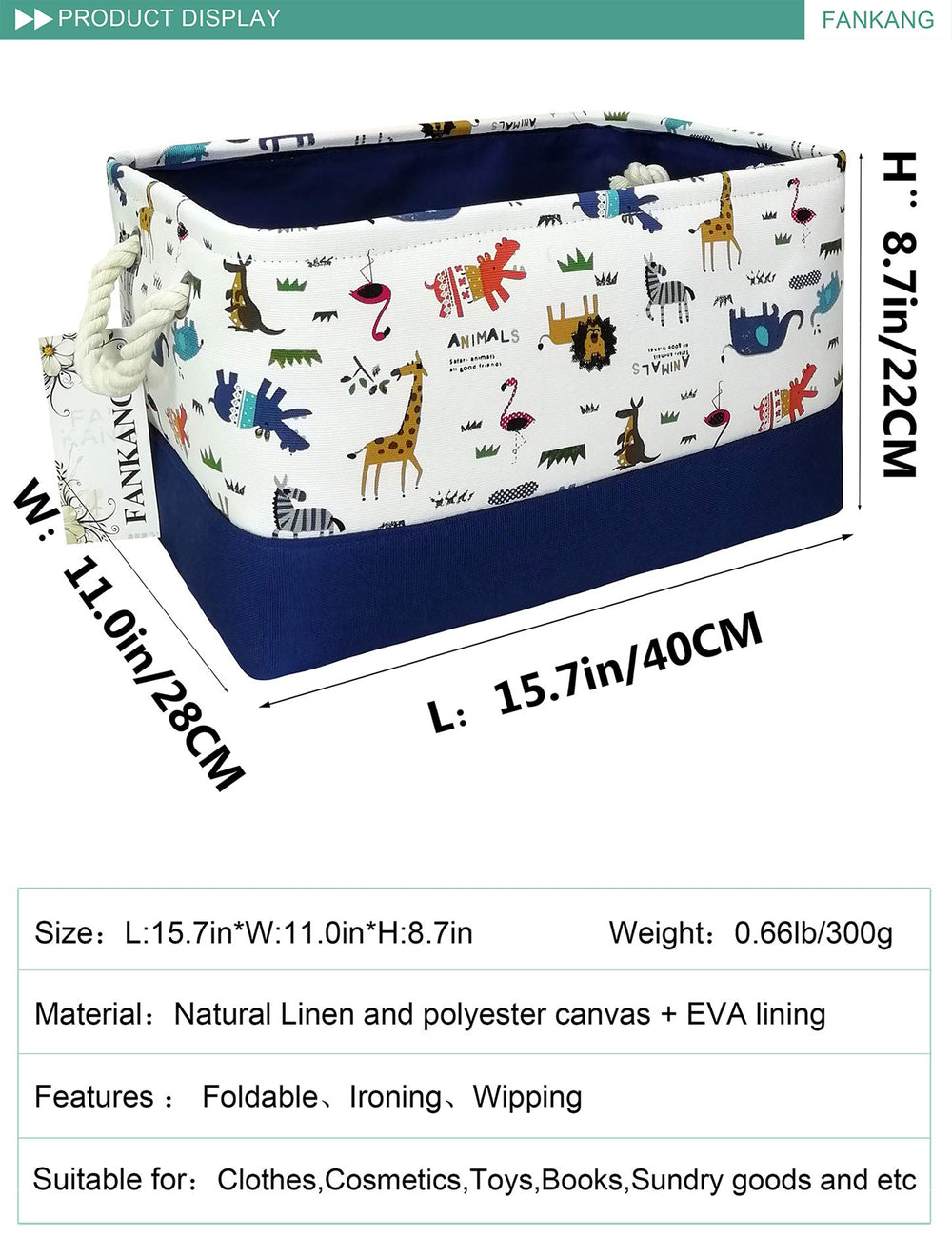 FANKANG nursery storage bin with animal motif keeps toys and clothes neatly stored.