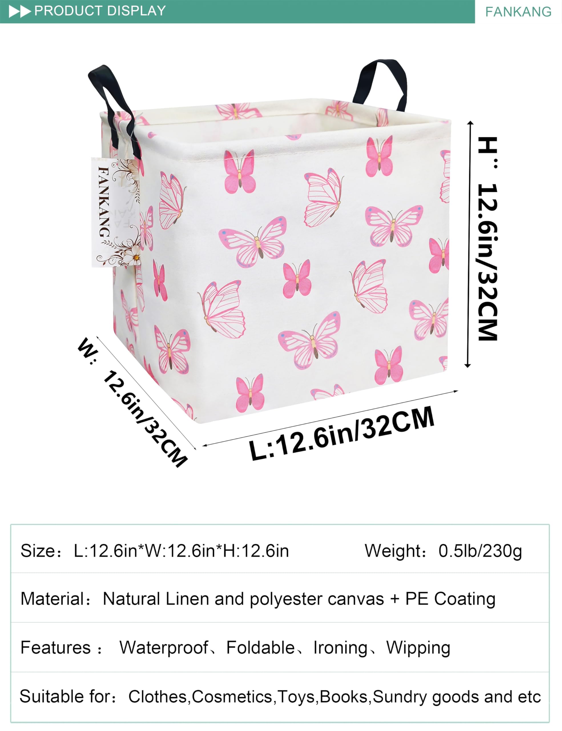 FANKANG square pink butterfly hamper open-top for quick toy access.