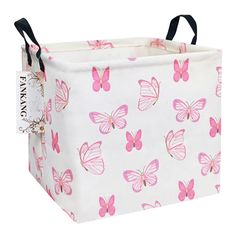FANKANG Square Pink Butterfly Hamper side view shows sturdy handles for easy carrying.