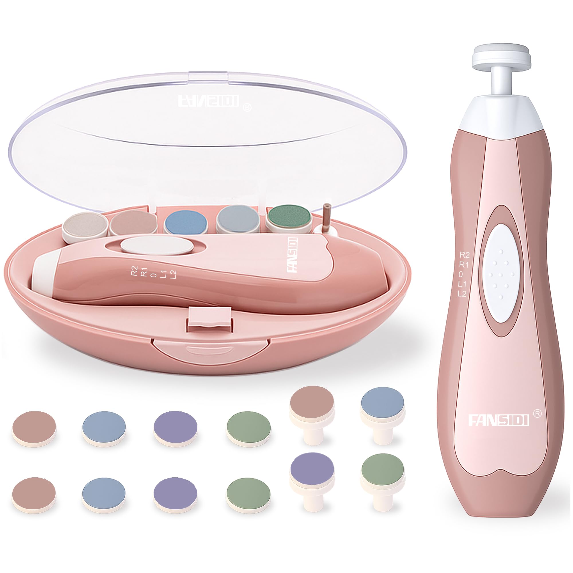Fansidi baby nail trimmer in blush petal pink with LED light for gentle nighttime grooming.