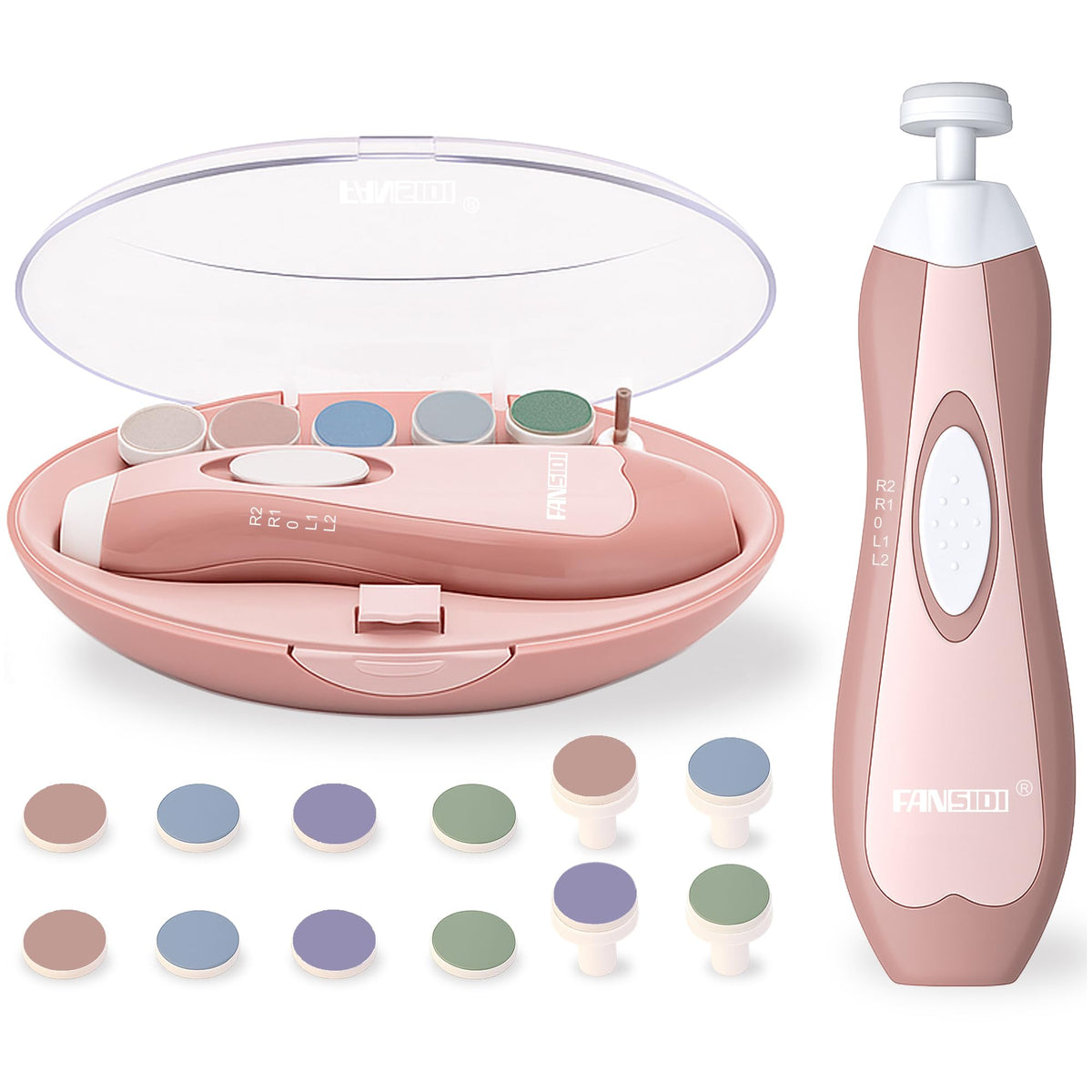 Fansidi baby nail trimmer in blush petal pink with LED light for gentle nighttime grooming.