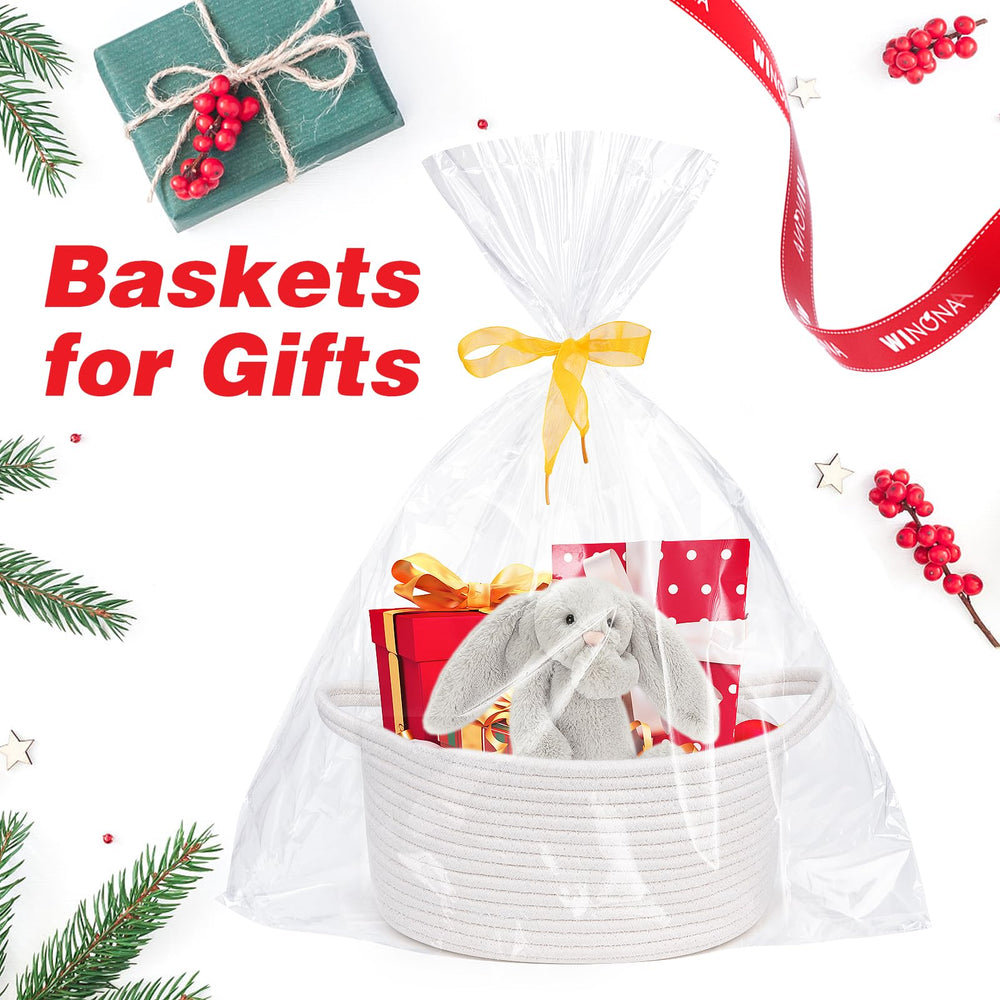Gift bags with yellow ribbons paired with Fantasyon baskets for quick gifting.