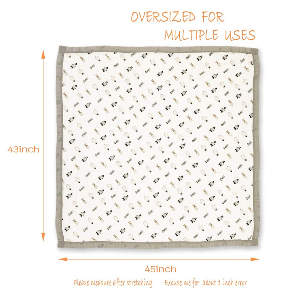 Farmer Mani swaddle blanket with animal pattern, safe printing for babies.