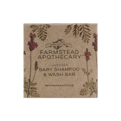 Farmstead Apothecary Baby Shampoo Bar lavender label closeup for gentle cleansing.