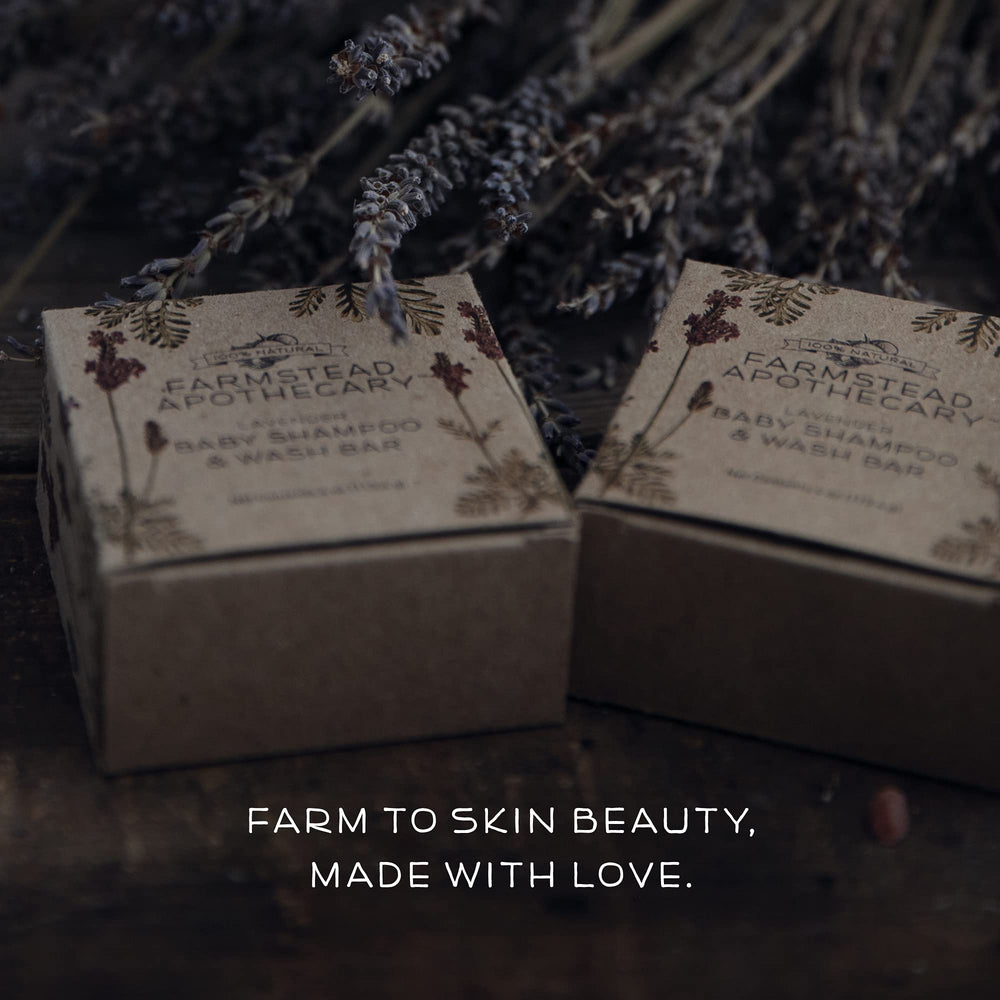 Farmstead Apothecary Baby Shampoo Bar lavender oil droplets on surface.