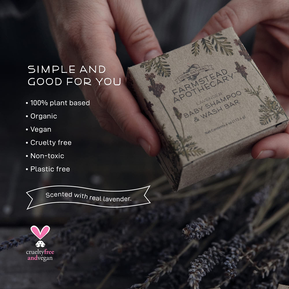 Farmstead Apothecary Baby Shampoo Bar organic ingredients list highlighting clean formulation.