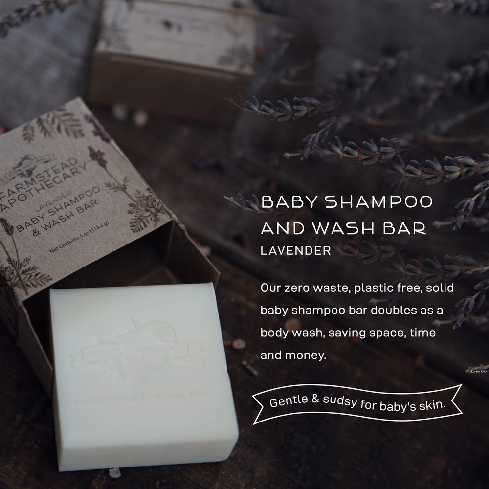Farmstead Apothecary Baby Shampoo Bar solid form ideal for travel and on-the-go routines.