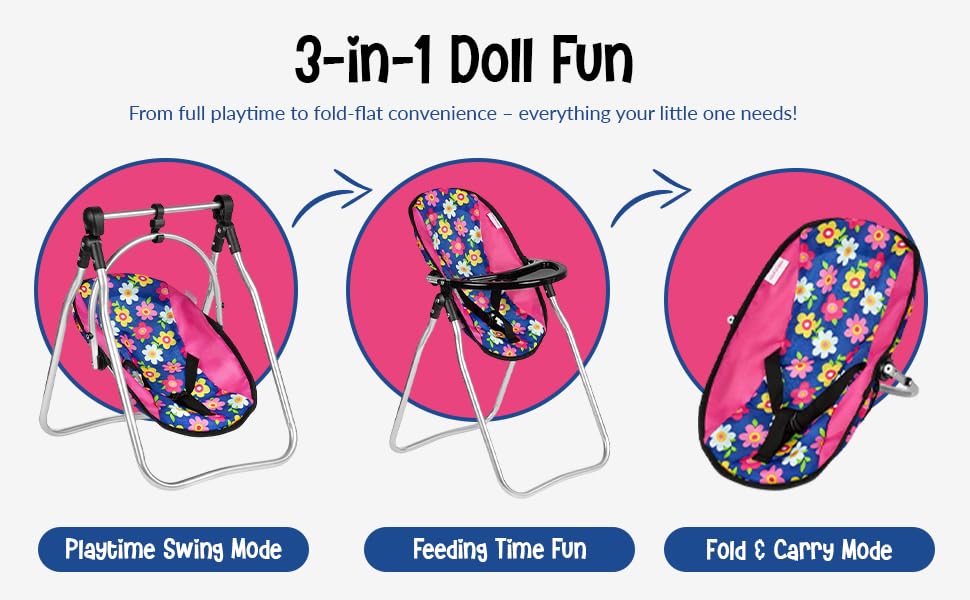 Fash N Kolor doll high chair 18-inch fit demonstrates convenient mealtime role-play.