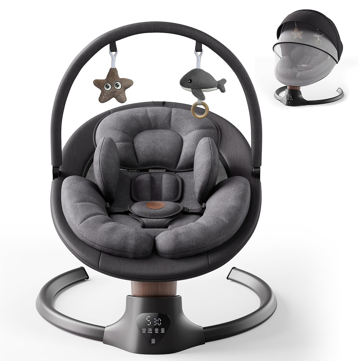 FasonBaby electric baby swing front view shows compact, versatile design for home use.