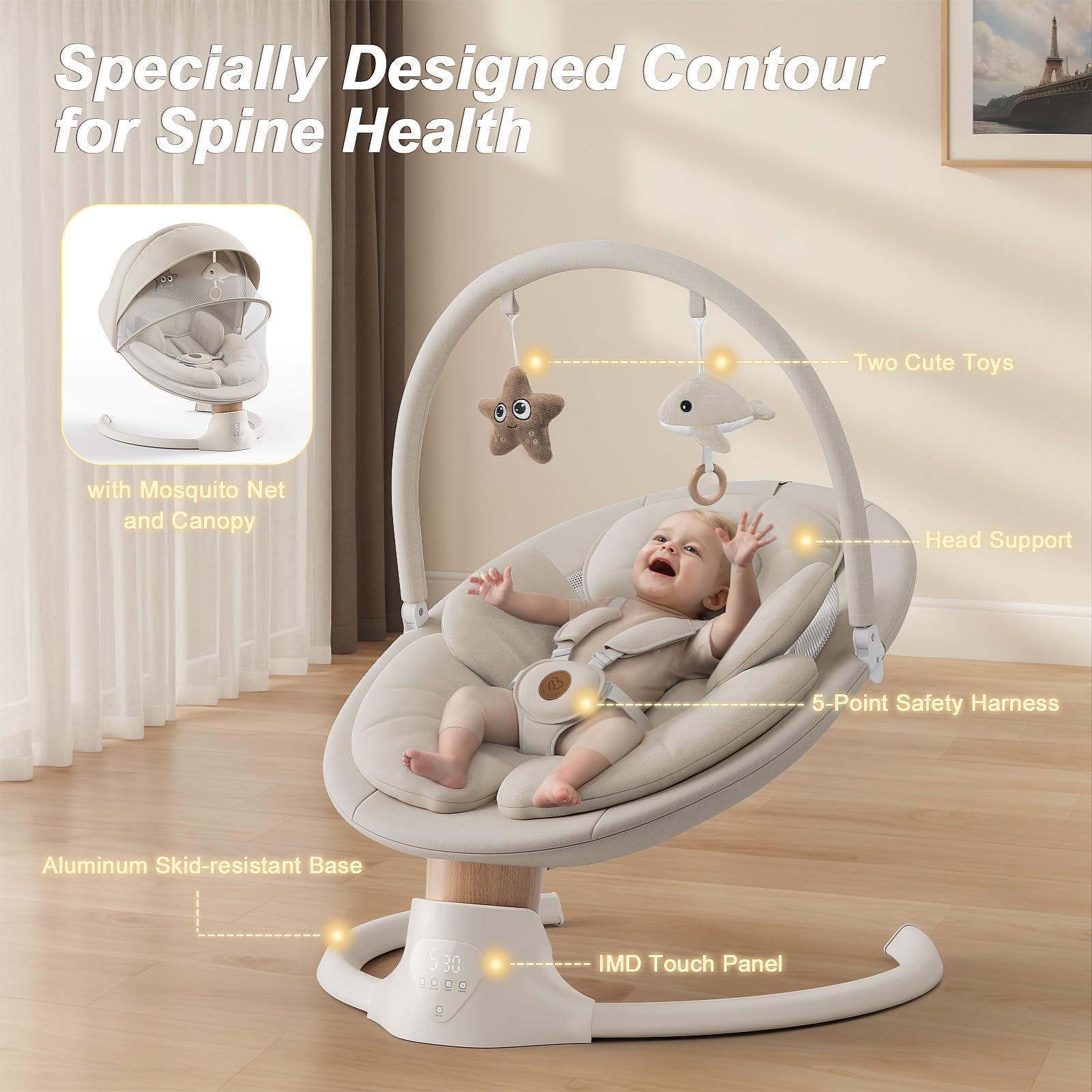 FasonBaby electric baby swing with 10 melodies provides calming entertainment.