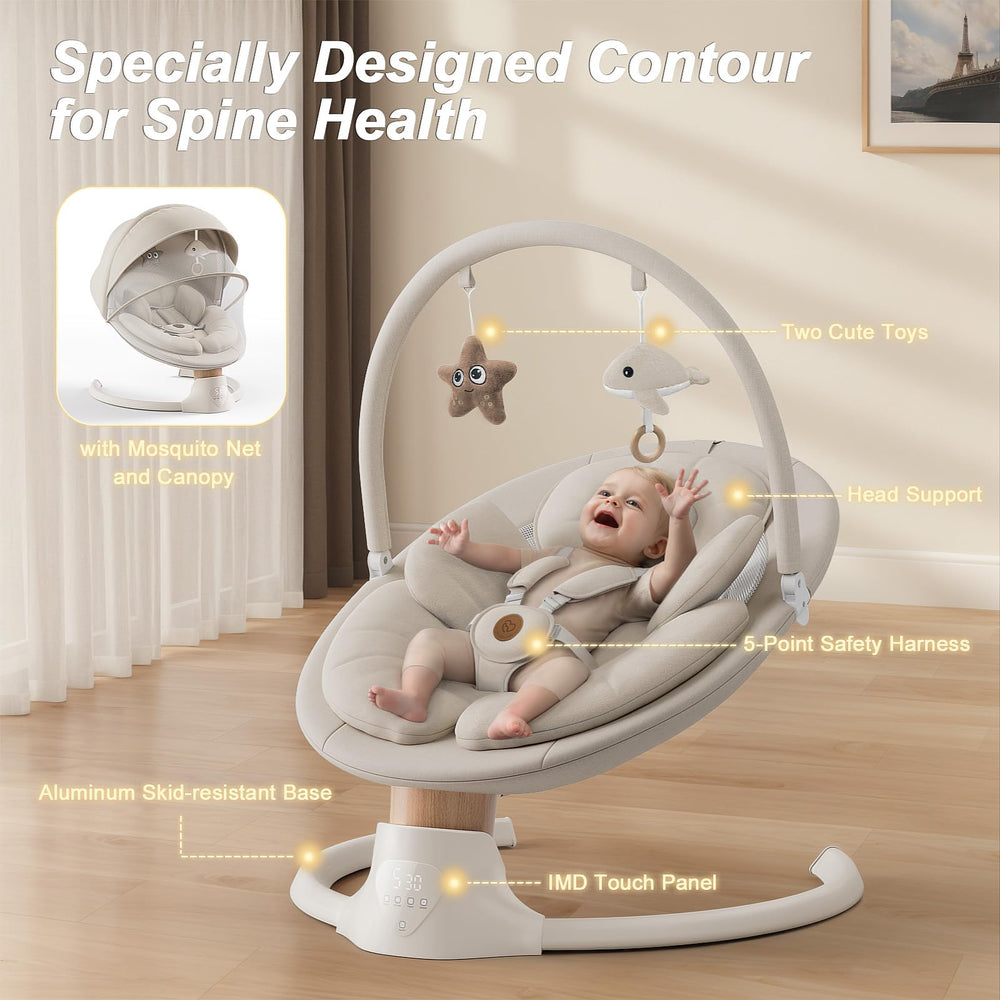 FasonBaby electric baby swing with 10 melodies provides calming entertainment.