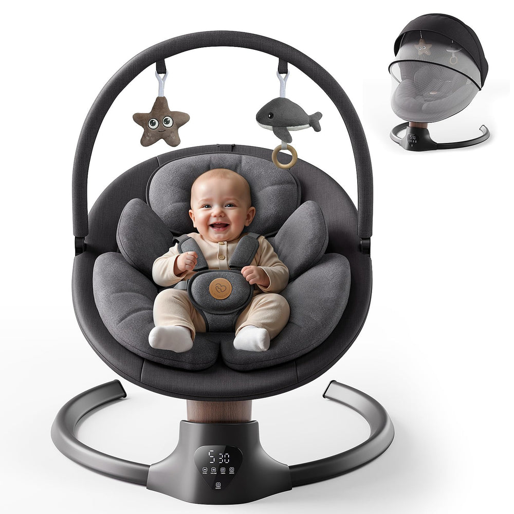 FasonBaby electric baby swing wood grain finish adds warm decor to a room.