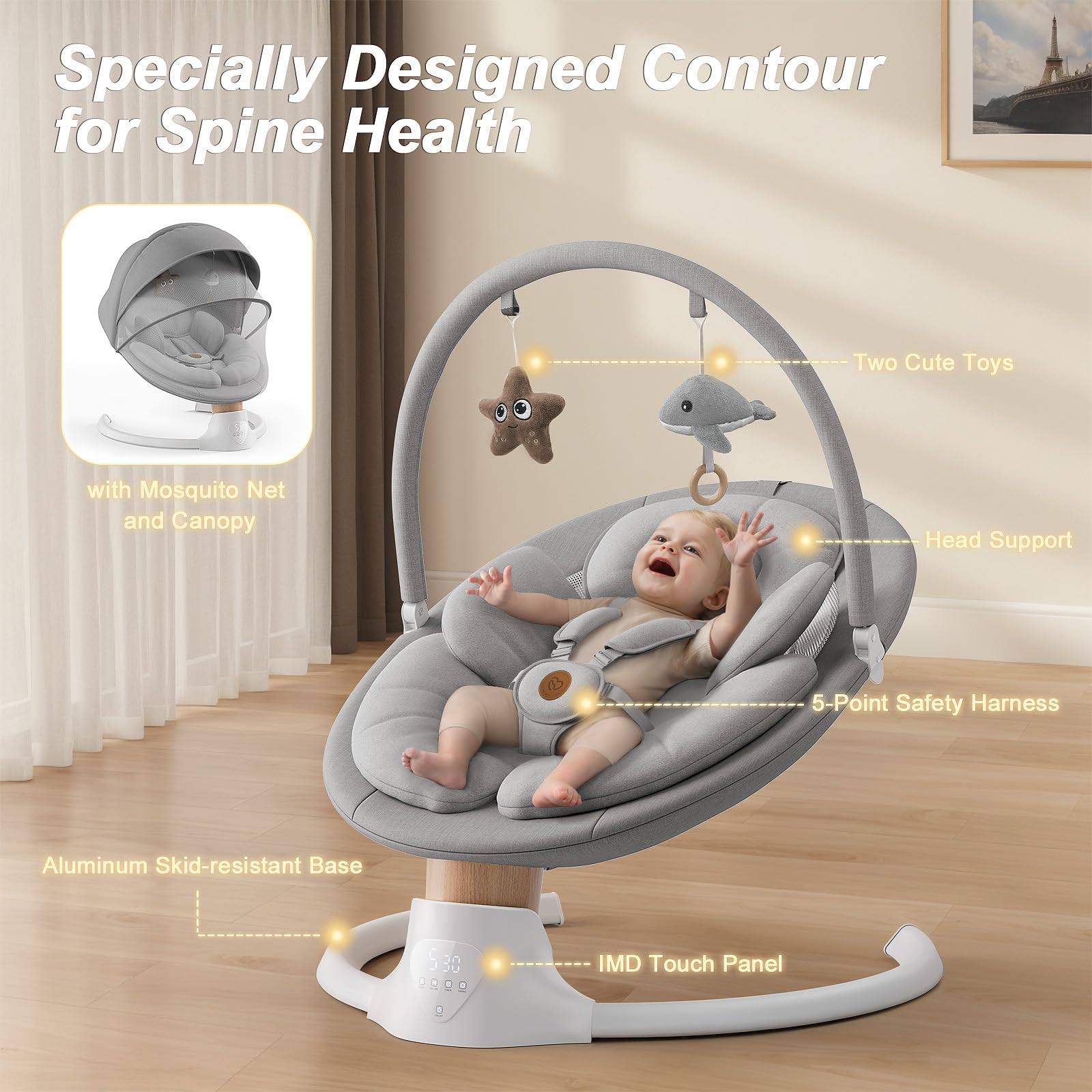 FasonBaby swing featuring a music speaker for calming melodies.