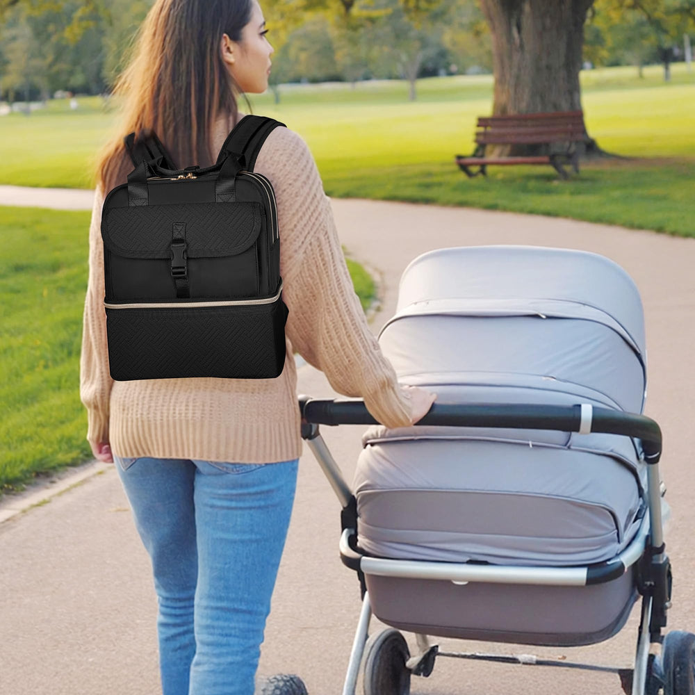 Fasrom adjustable straps and stroller attachment enable hands-free transport