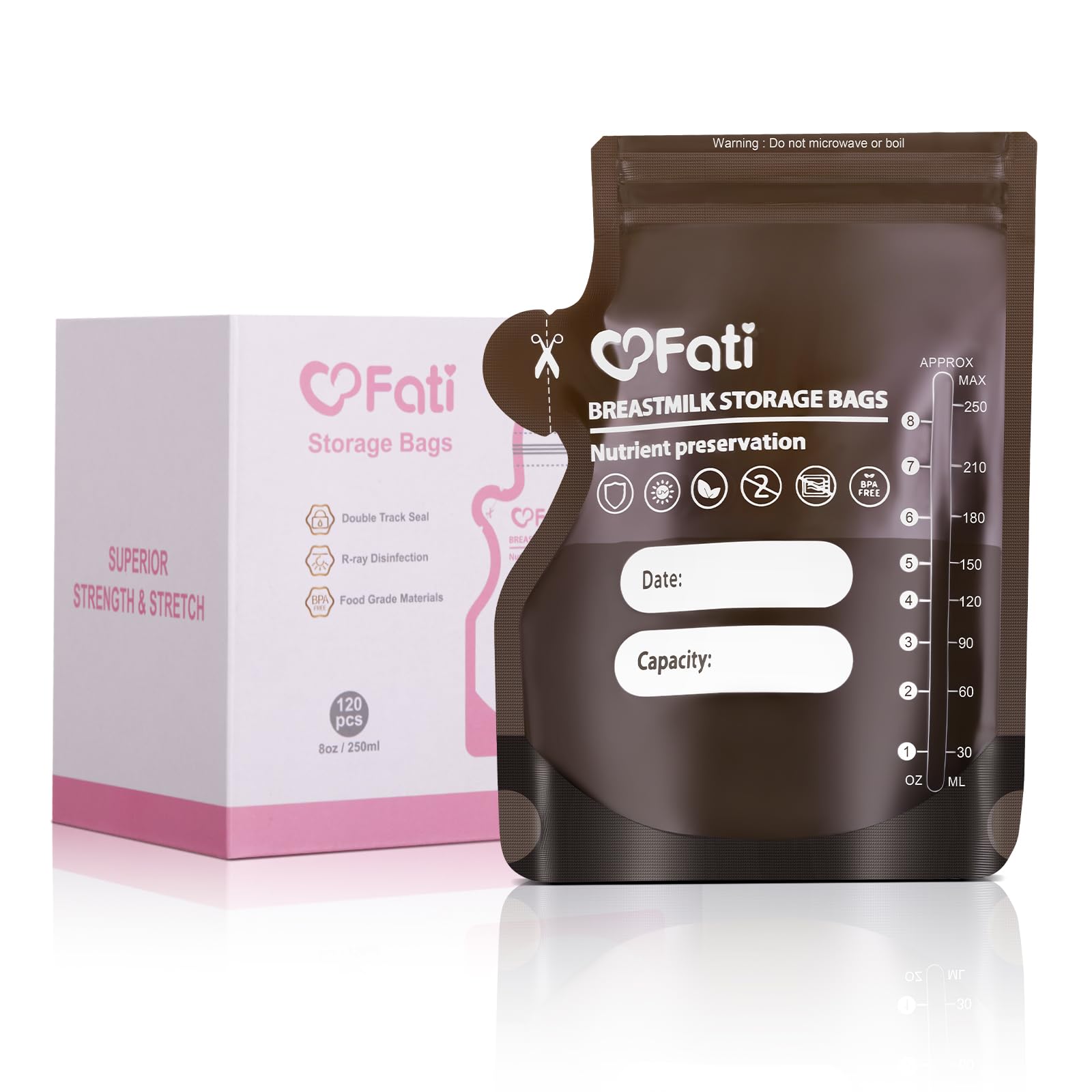 FATI breastmilk storage bags 120 pcs with light-blocking protection to help preserve quality.