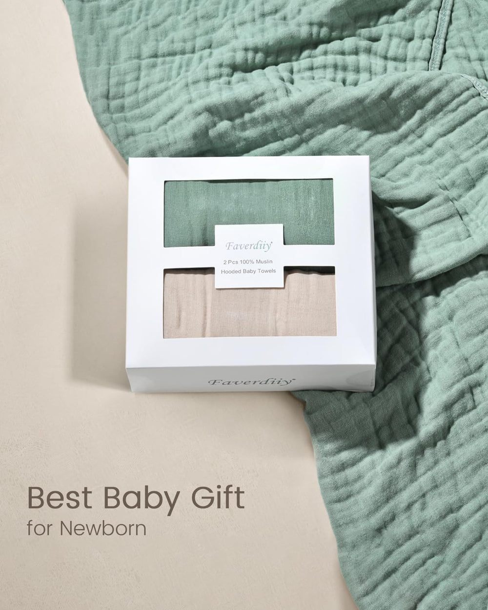 FAVERDIIY newborn gift packaging showing two towels included.