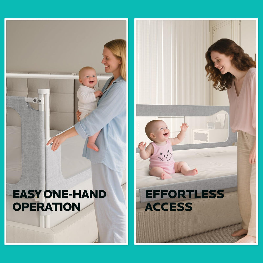 FAVIRZCE Toddlers rail dual-lock system highlights safety against accidental lowering.