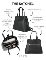 FAWN DESIGN Satchel Diaper Bag side pocket opening highlights easy-access storage for errands
