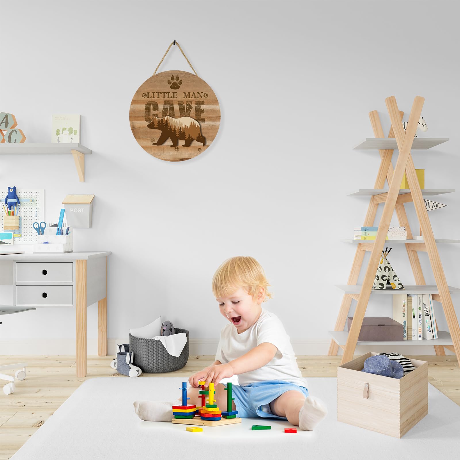 Fcimu bear-themed nursery wall art adds cozy charm to a boys' room.