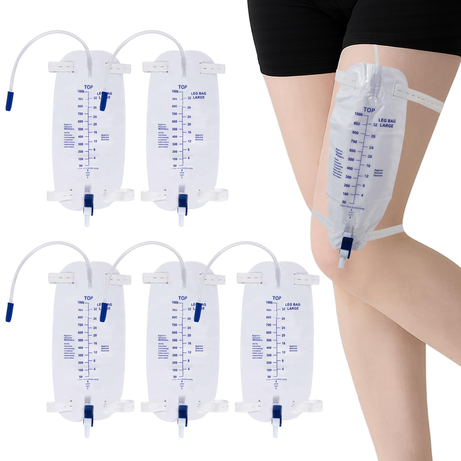 FDFuZhao 5-pack 1000ml leg bags for discreet wear during daily activities.