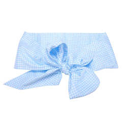 Fdit newborn swaddle wrap in light blue plaid with bowknot for cozy photos.