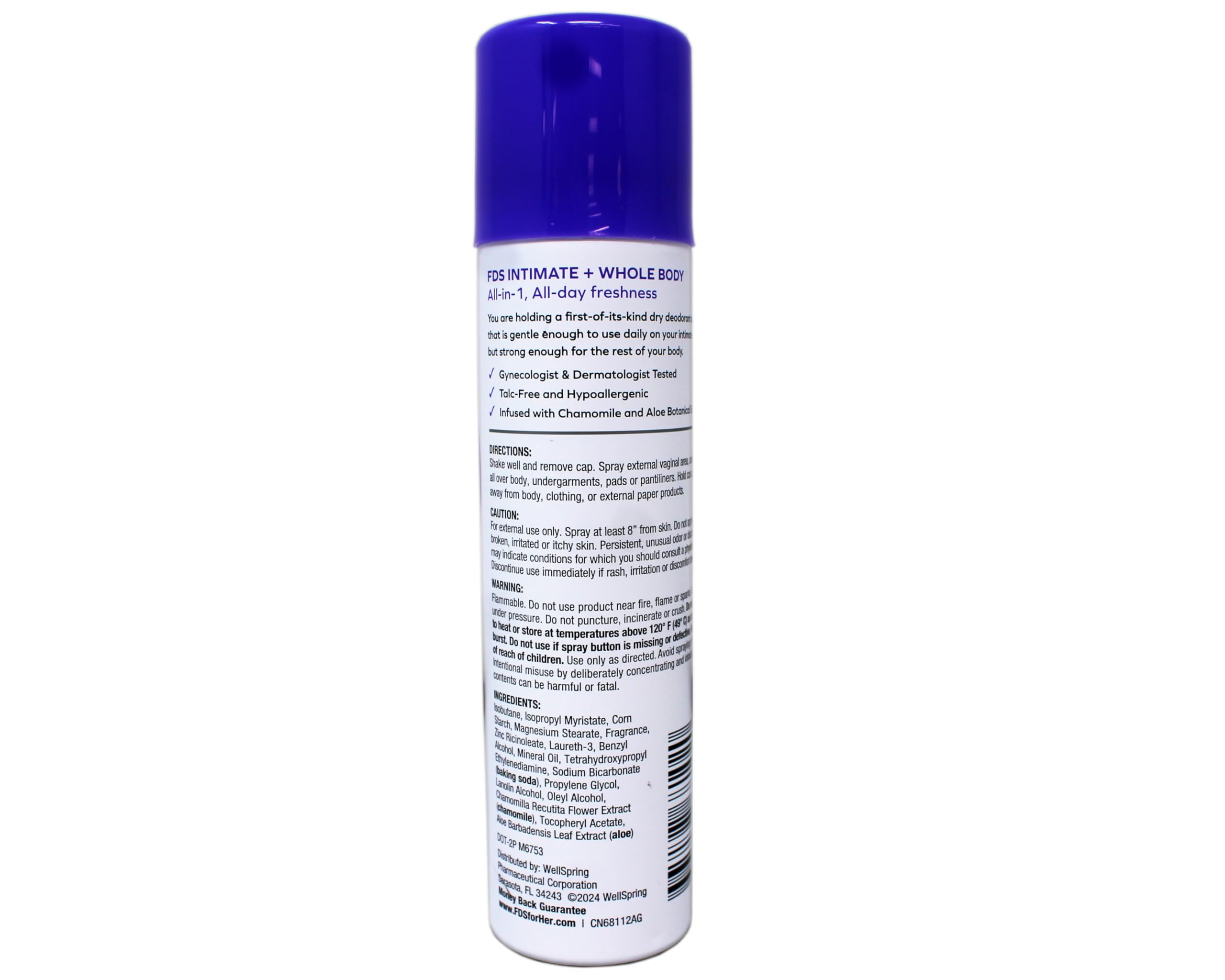 Dermatologist-tested FDS spray bottle highlights talc-free, quick-dry formula.