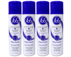 FDS Intimate + Whole Body Dry Deodorant Spray bottle with Baby Powder scent for all-day freshness.