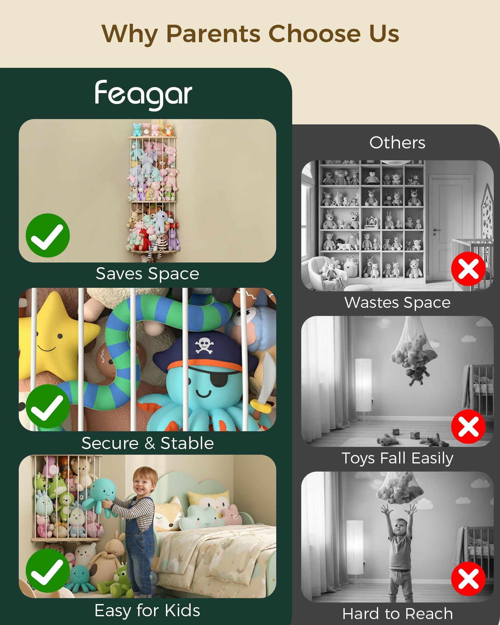 Feagar simple-assembly stuffed animal organizer with included hardware
