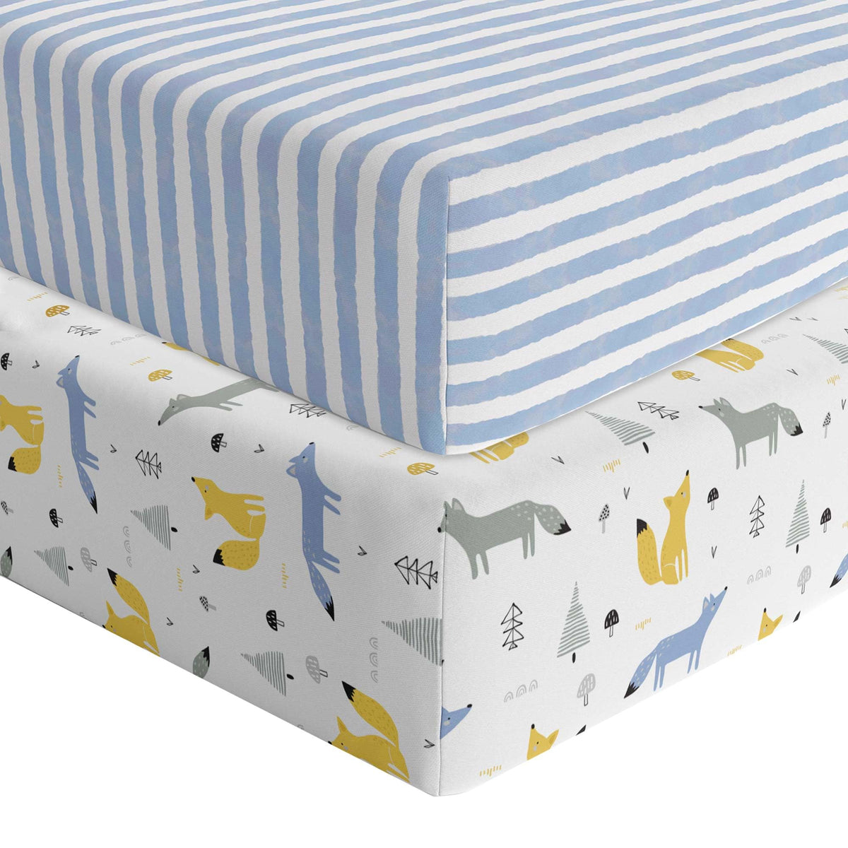 Featherhead 2-pack fitted crib sheets in jersey blue foxes for soft, breathable sleep.