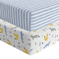 Featherhead 2-pack fitted crib sheets in jersey blue foxes for soft, breathable sleep.