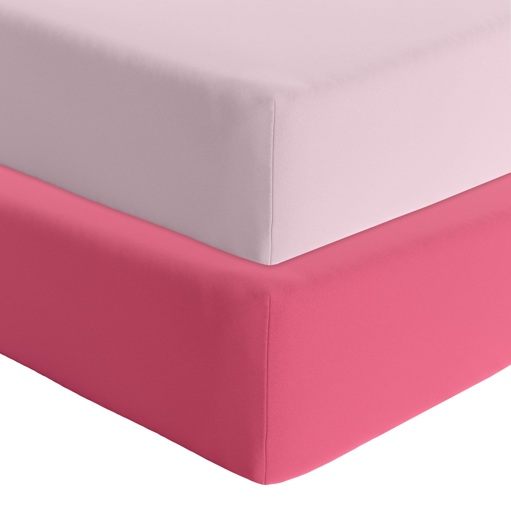 Featherhead 2-pack pink fitted crib sheets close-up shows ultra-soft cotton fabric gentle on baby skin