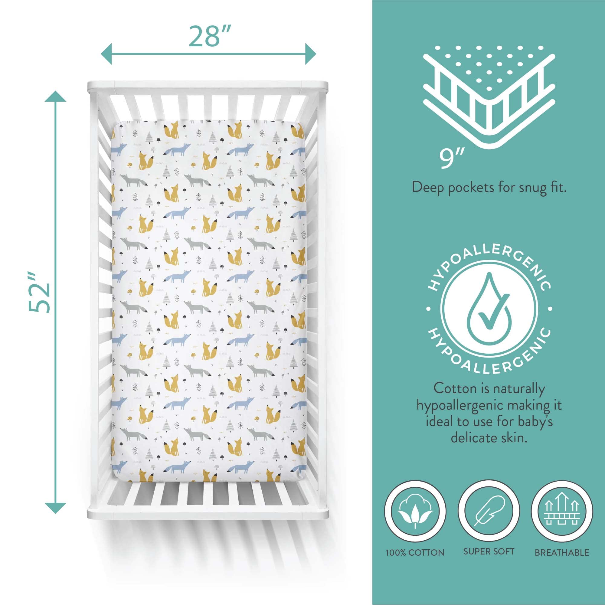 Featherhead fitted crib sheets show secure fit with 9-inch drop for standard cribs.