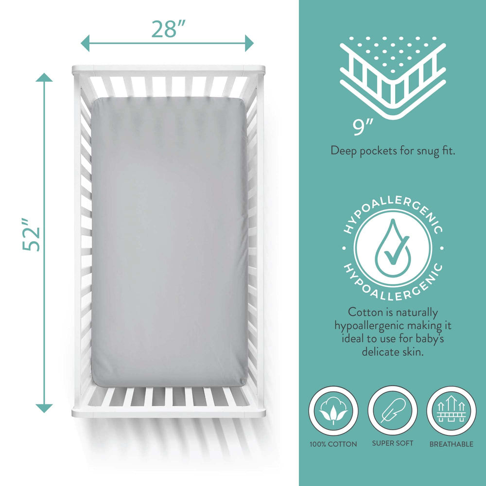 Featherhead secure-fit crib sheets with 9-inch drop for snug corners