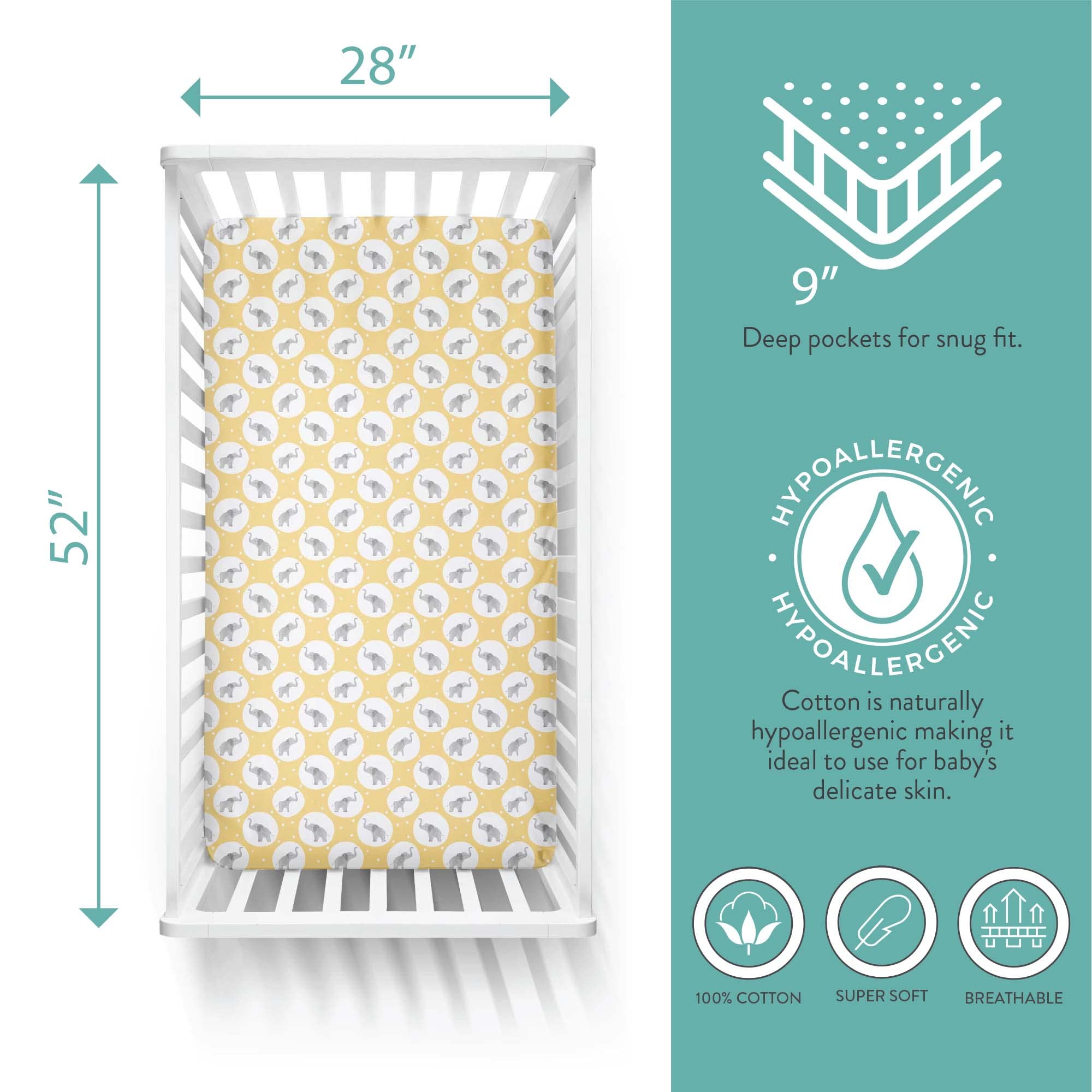 Featherhead secure-fit crib sheets showing deep pockets for a snug crib fit