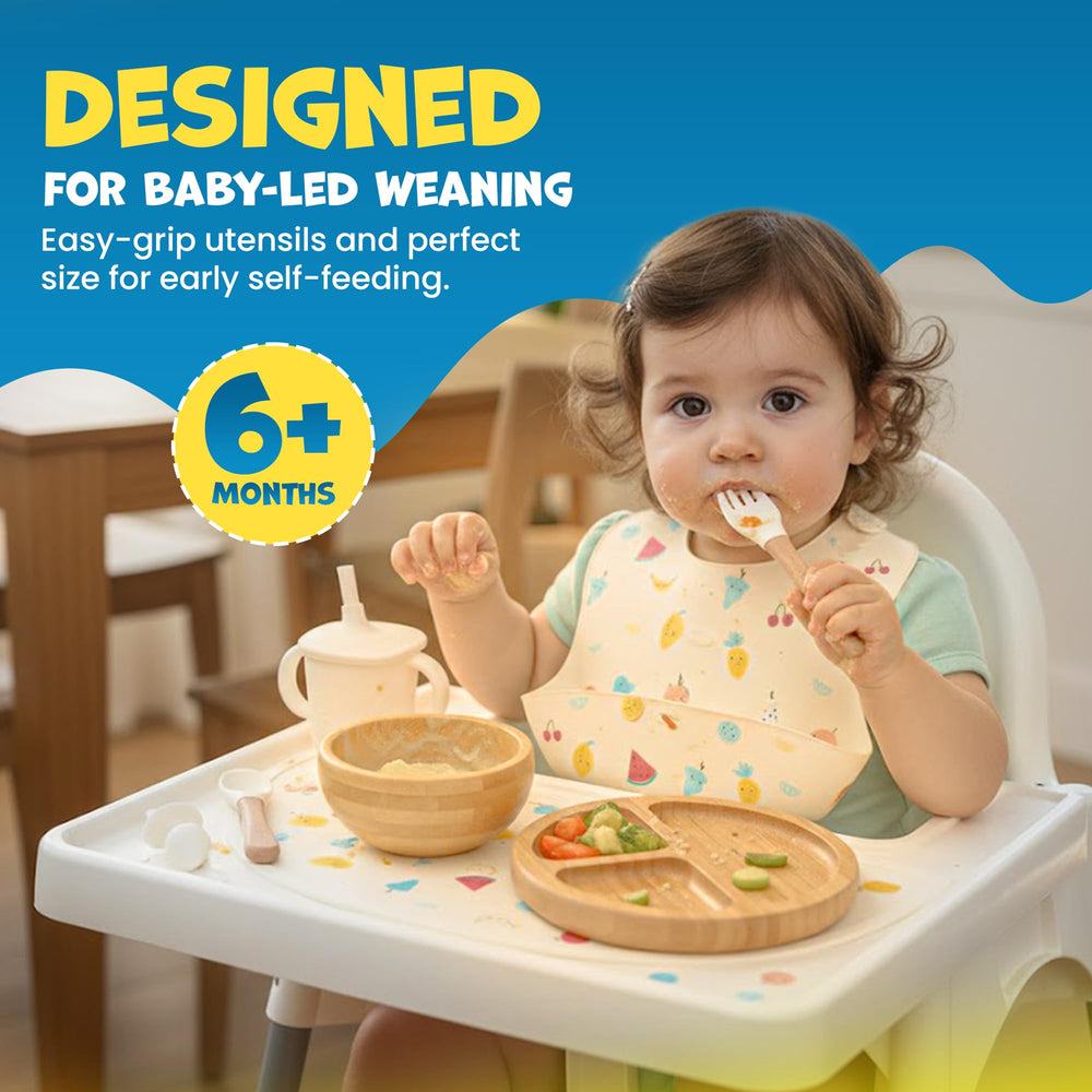Feed Me Fun bamboo suction bowl firmly grips a tray to minimize mess.