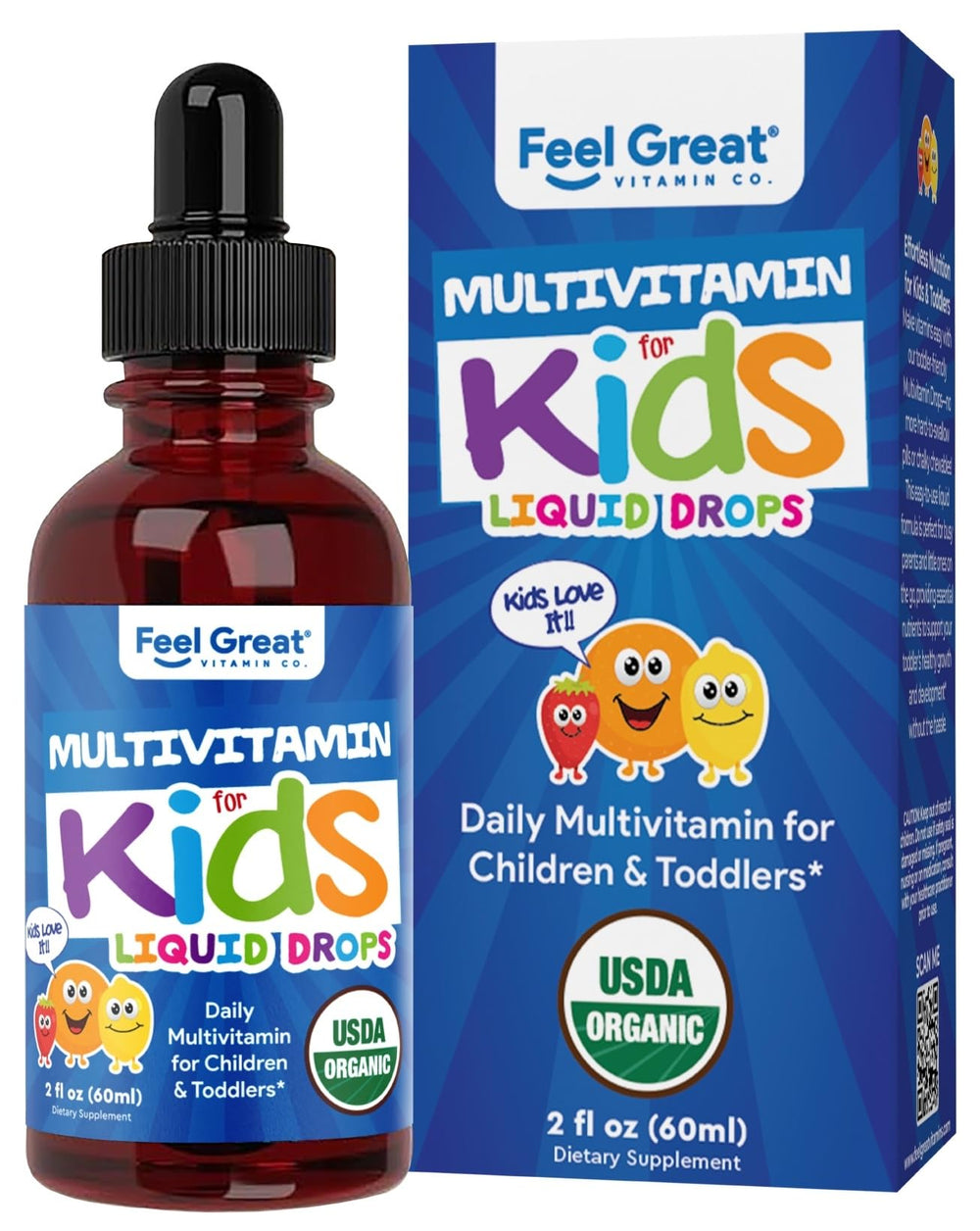 Feel Great Vitamins bottle with orange-vanilla drops for daily kid nutrition.