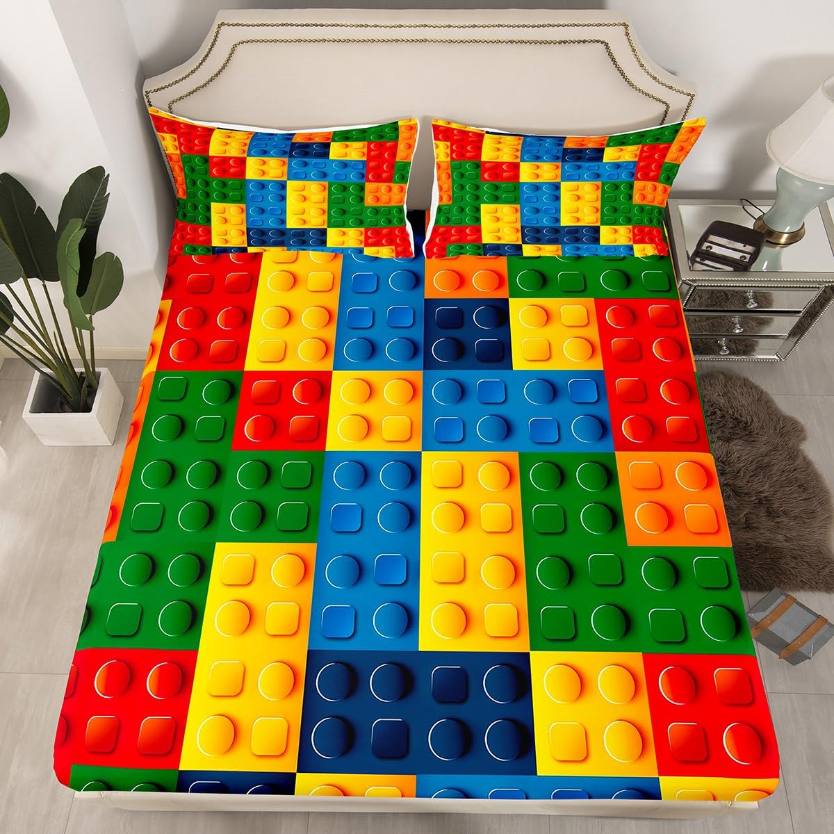 Feelyou gaming fitted sheet in twin with block pattern enhances kids' bedroom decor.