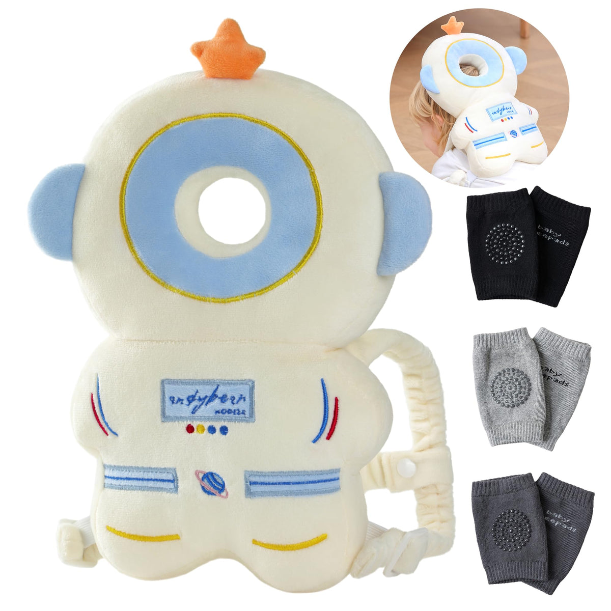 Feidoog baby head protector backpack worn by toddler during play for gentle head coverage.